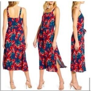 Chelsea 28 Tropical Floral Dress L Pockets Tie Waist Midi Slit Beach Resort